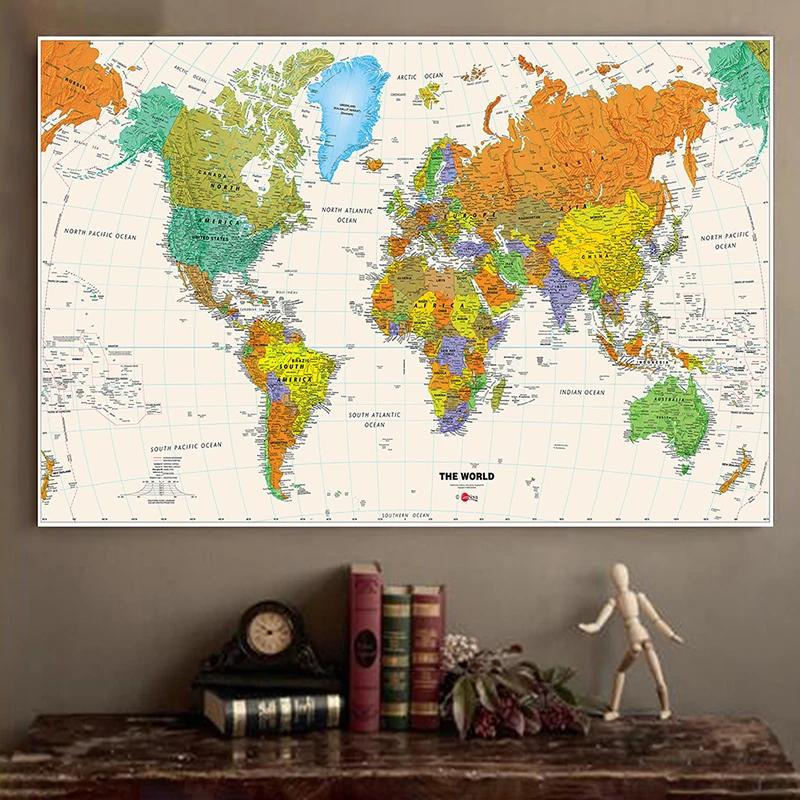 국가 국기가 없는 방수 접이식 세계 지도, 여행 및 출장용 지도, 사무실 및 학교 용품, 물리적 지도, 150x225cm